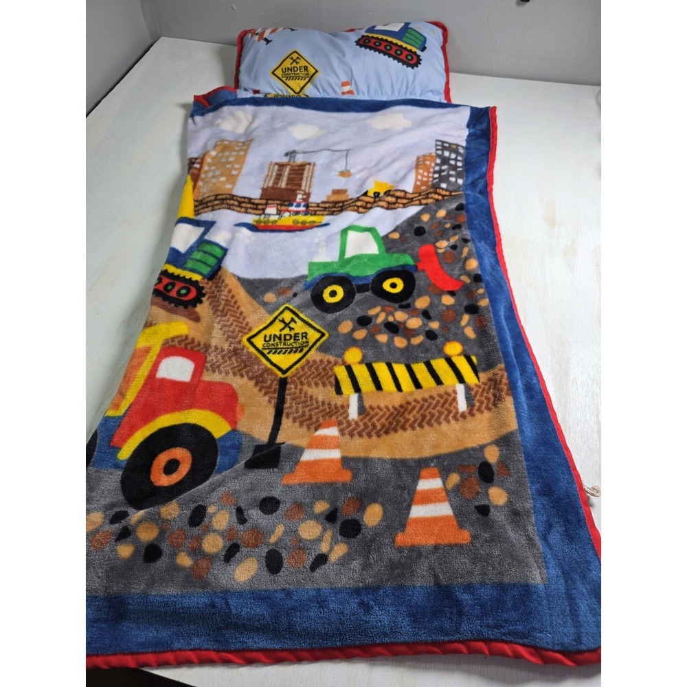 Funhouse Construction Area Trucks Kids Nap Mat Set – Includes Removable Pillow